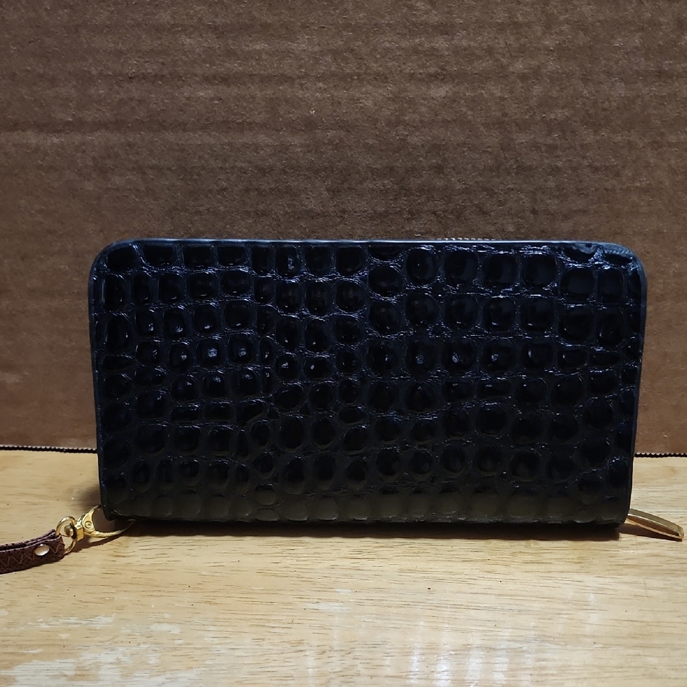 Black Croc-Embossed Zip Around Wallet